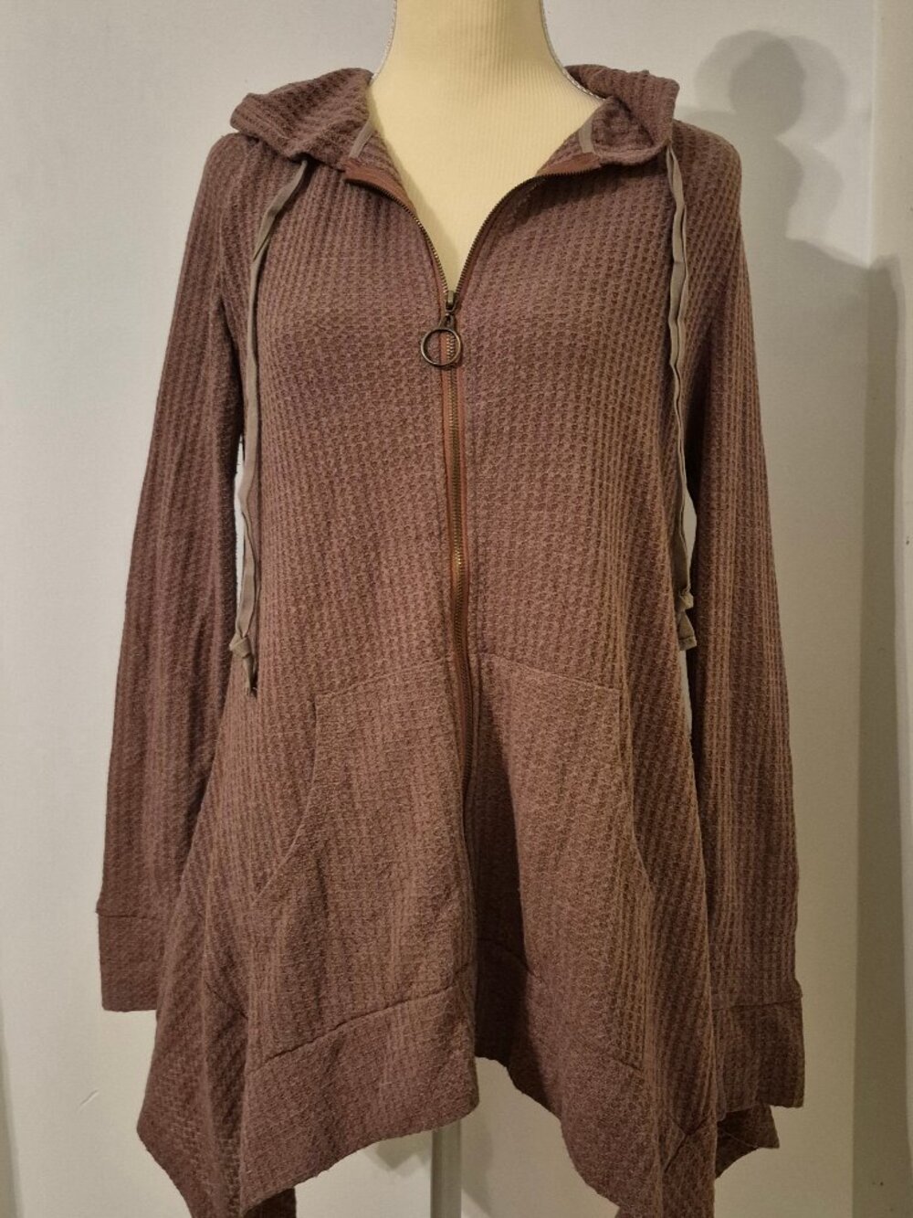 Doe & Rae S Oversized Waffle Knit Handkerchief Hem Hoodie Zip Lagenlook Boho‎